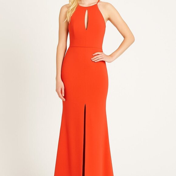 Jay Godfrey Coral Red Keyhole Gown Size 10 Sleeveless Slit Maxi Dress NWOT - Picture 1 of 8